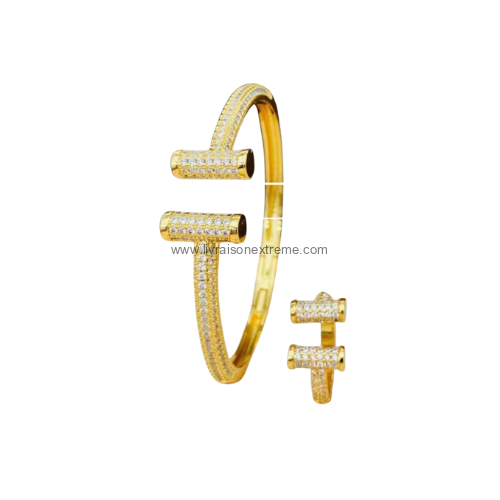 Ensemble bracelet et bague pavés - jonc rigide