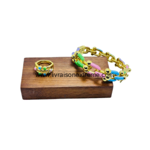 Ensemble bracelet et bague à émaillage pastel