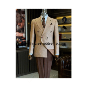 COSTUME CROISE 2 PIÈCE SABLE & CHOCOLAT – REVERS À POINTES