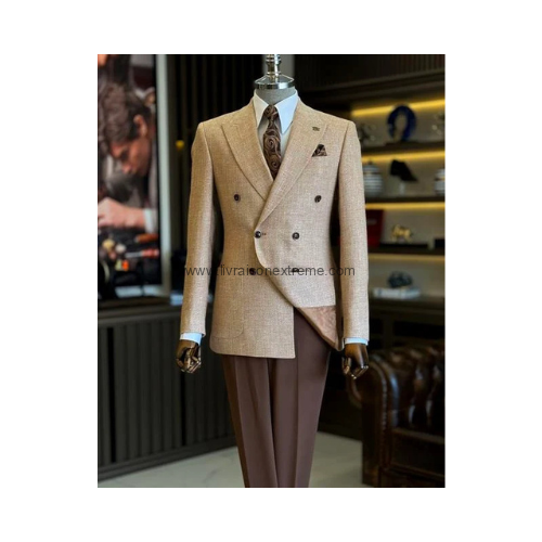 COSTUME CROISE 2 PIÈCE SABLE & CHOCOLAT – REVERS À POINTES – Image 2