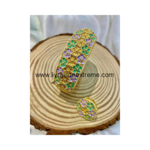 Ensemble Bracelet et bague motif fleurs pavées