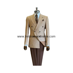 COSTUME CROISE 2 PIÈCE SABLE & CHOCOLAT – REVERS À POINTES