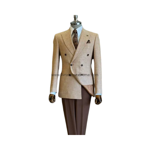 COSTUME CROISE 2 PIÈCE SABLE & CHOCOLAT – REVERS À POINTES