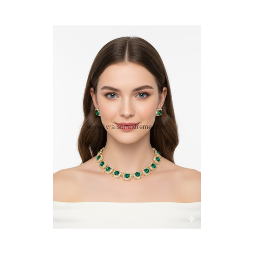 Ensemble boucles d'oreilles et collier - pierres vert – Image 2