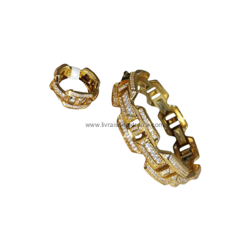 Ensemble bracelet et bague en maillons pavés