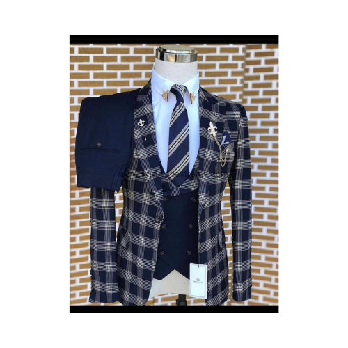 Costume 3 pièces à carreaux bleu blanc – Image 3