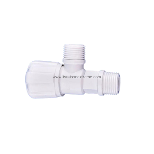 Vanne d’arrêt d’angle – Plastique blanc, 1/2’’ M → 1/2’’ M (87×52 mm)