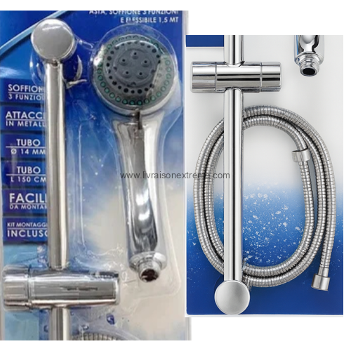 Kit Douchette + Barre de douche – Flexible métal, support coulissant (chromé) – Image 2