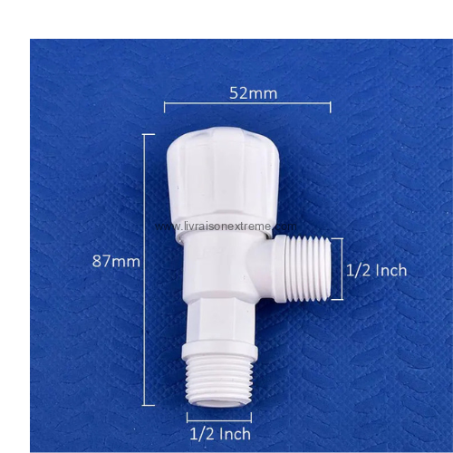 Vanne d’arrêt d’angle – Plastique blanc, 1/2’’ M → 1/2’’ M (87×52 mm) – Image 2