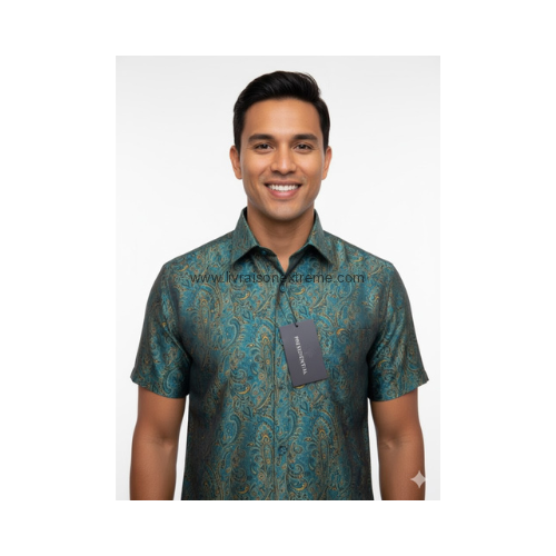 Chemise Présidentielle manches courtes – Baroque or sur vert émeraude – Image 2