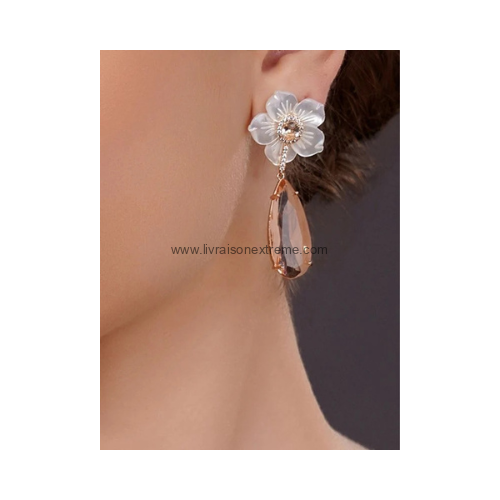 Boucles d'oreilles pendantes fleur et goutte – Image 4
