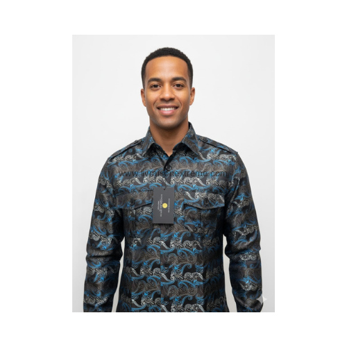 Chemise « Présidentielle » – Baroque bleu & argent sur noir – Image 2