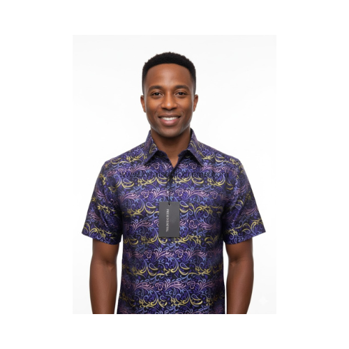 Chemise Présidentielle Manches Courtes – Édition Arabesques Bleu Nuit & Doré – Image 2