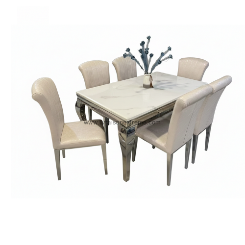 Salle à Manger avec plateau en marbre blanc, base métallique chromée Lvxepc100 – “Élégance & Modernité”- 1+6