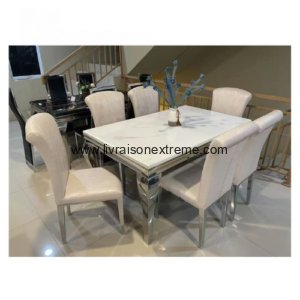 Salle à Manger avec plateau en marbre blanc, base métallique chromée Lvxepc100 – “Élégance & Modernité”- 1+6