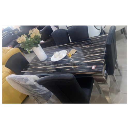 Salle à manger rectangulaire noir brillant 1+6 – “Marble Elegance” – Image 2