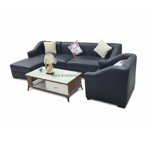 Canapé en forme L- – “Finition élégante en tissu gris premium”