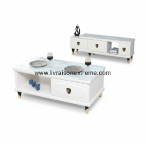 Ensemble Table basse et Tv 91 - blanche brillante avec accents dorés. "Plateau rectangulaire élégant"