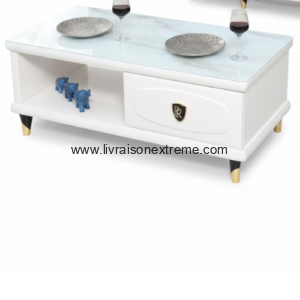 Ensemble Table basse et Tv 91 - blanche brillante avec accents dorés. "Plateau rectangulaire élégant"