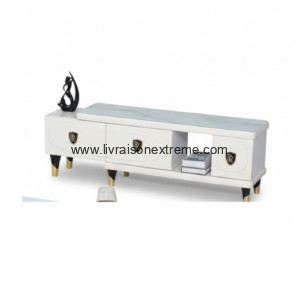 Ensemble Table basse et Tv 91 - blanche brillante avec accents dorés. "Plateau rectangulaire élégant"