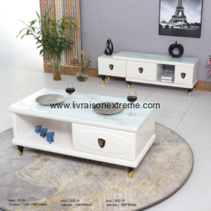 Ensemble Table basse et Tv 91 - blanche brillante avec accents dorés. "Plateau rectangulaire élégant"