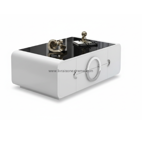 Table Basse Design "Crystal Ring" (1.2 mètre) – Blanc Laqué & Verre Trempé -81