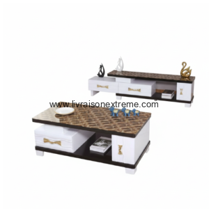 Ensemble Salon 102 Plateau en finition brillante marron motif marbre, corps bicolore blanc/noir – “Style & Harmonie”