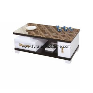 Ensemble Salon 102 Plateau en finition brillante marron motif marbre, corps bicolore blanc/noir – “Style & Harmonie”