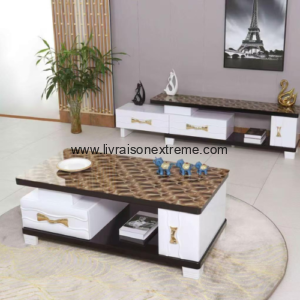 Ensemble Salon 102 Plateau en finition brillante marron motif marbre, corps bicolore blanc/noir – “Style & Harmonie”