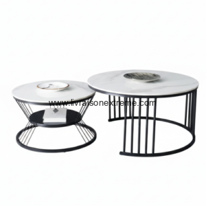 Tables rondes avec plateau en céramique effet marbre blanc et structure métallique noire - LVXTAN Y204‑5