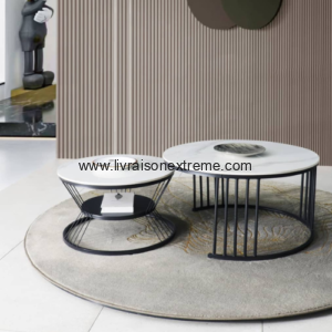Tables rondes avec plateau en céramique effet marbre blanc et structure métallique noire - LVXTAN Y204‑5