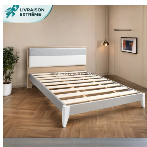 Lit Moderne en Bois avec Tête de Lit Rembourrée – Image 2
