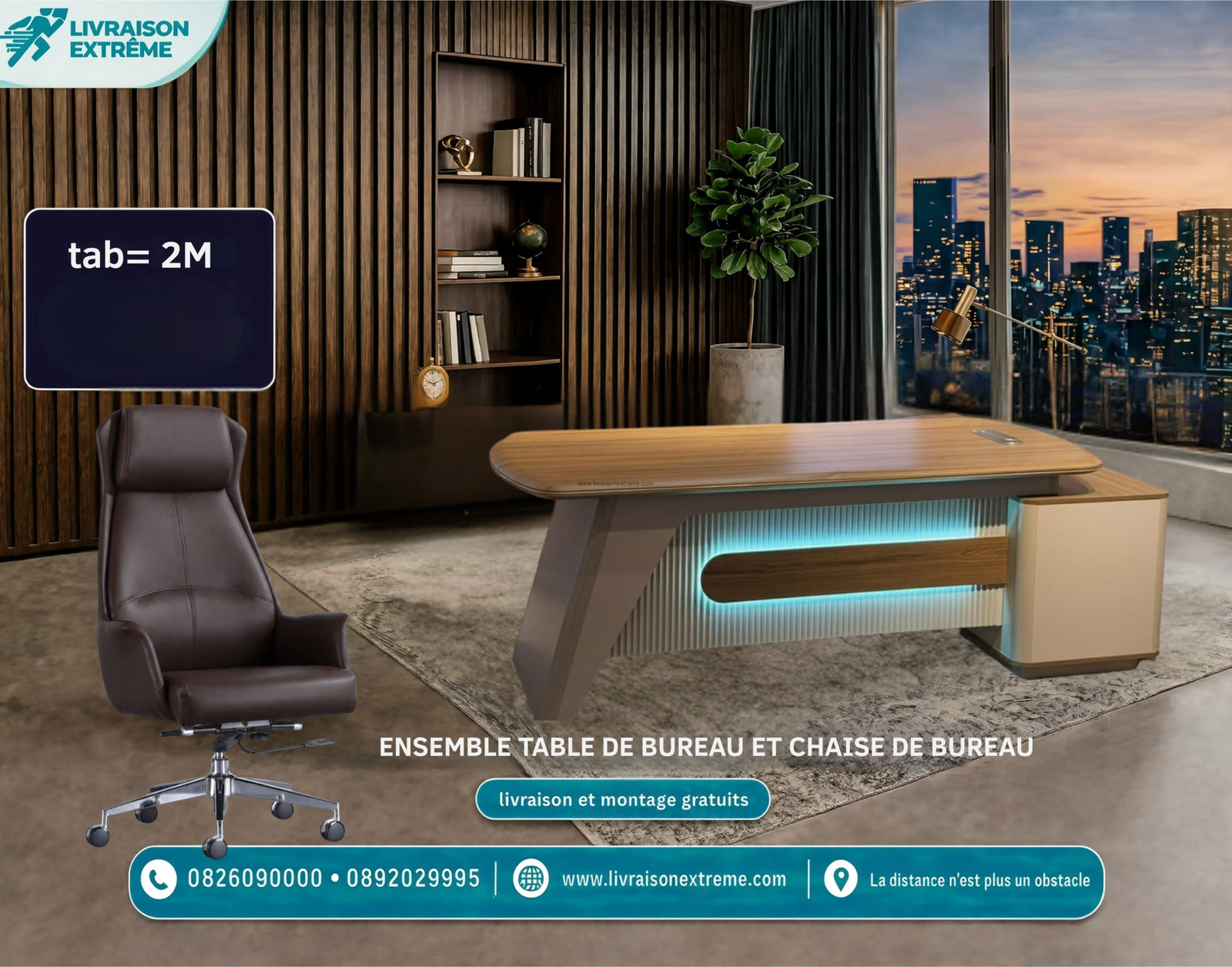 Ensemble bureau Futuristic LED & Chaise Cuir Chocolat (2M ) – Image 2