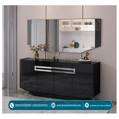Ensemble Buffet Moderne avec Miroir Mural – Noir Laqué et Argent – Image 2