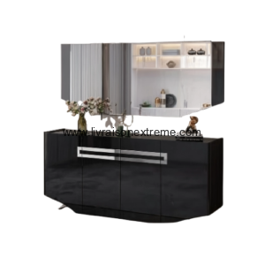 Ensemble Buffet Moderne avec Miroir Mural – Noir Laqué et Argent 