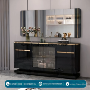 Ensemble Buffet Moderne Vitré avec Miroir Mural – Noir et Or