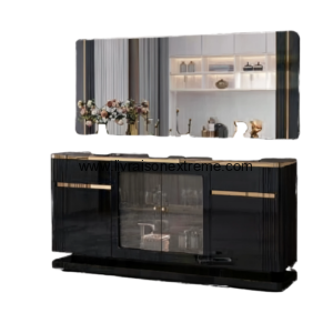 Ensemble Buffet Moderne Vitré avec Miroir Mural – Noir et Or