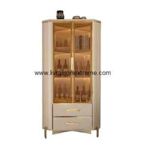 Vitrine d'Angle Design et Lumineuse – Beige Crème et Or