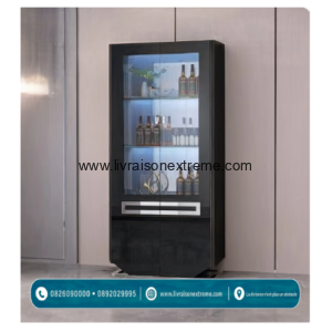 Vitrine Haute Moderne avec Éclairage LED – Noir Laqué et Argent