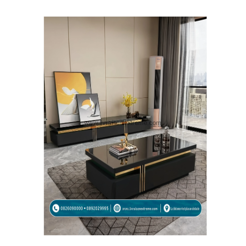 Ensemble salon exécutive noir et or – meuble TV (2M) et table basse (1,3 m) – Image 2