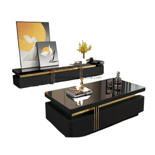 Ensemble salon exécutive noir et or – meuble TV (2M) et table basse (1,3 m)