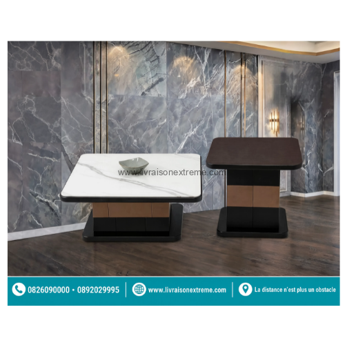 Jeu de 2 tables basses carrées Contraste – Marbre Blanc, Noiret bois cognac – Image 2