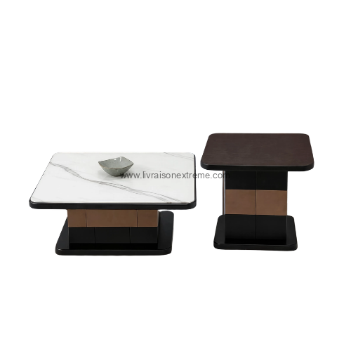 Jeu de 2 tables basses carrées Contraste – Marbre Blanc, Noiret bois cognac