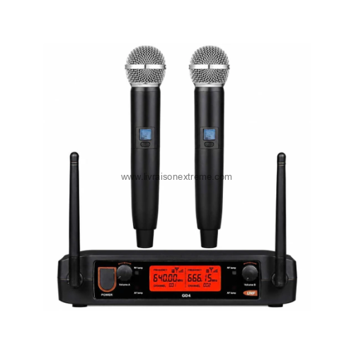 Système de microphones sans fil UHF double canal (modèle SHURE GDX4).