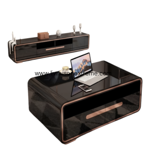 Ensemble meuble TV et table basse contemporain noir laqué et or rose / cuivre