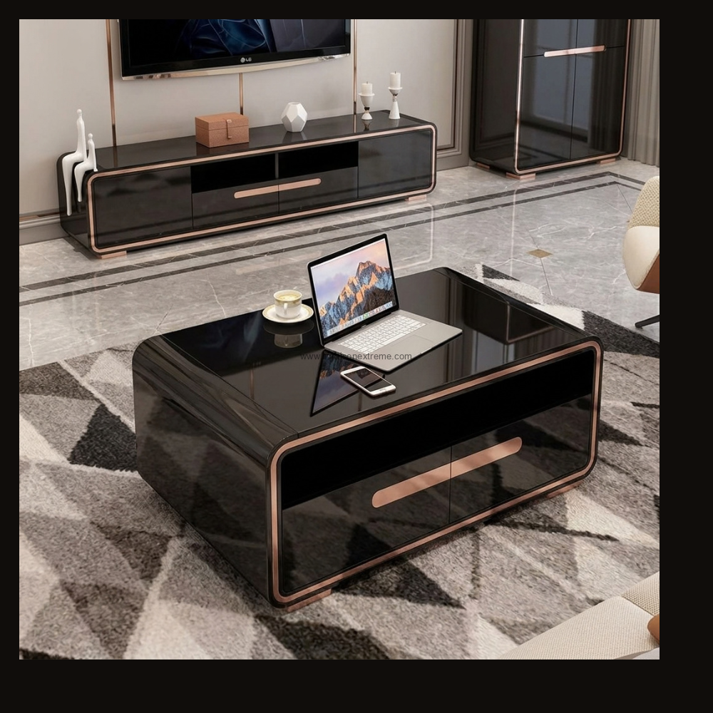 Ensemble meuble TV et table basse contemporain noir laqué et or rose / cuivre – Image 2