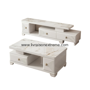 Ensemble meuble TV extensible et table basse moderne effet marbre