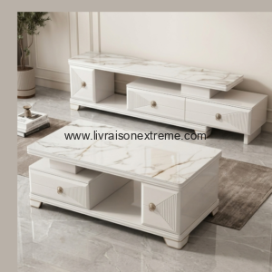 Ensemble meuble TV extensible et table basse moderne effet marbre