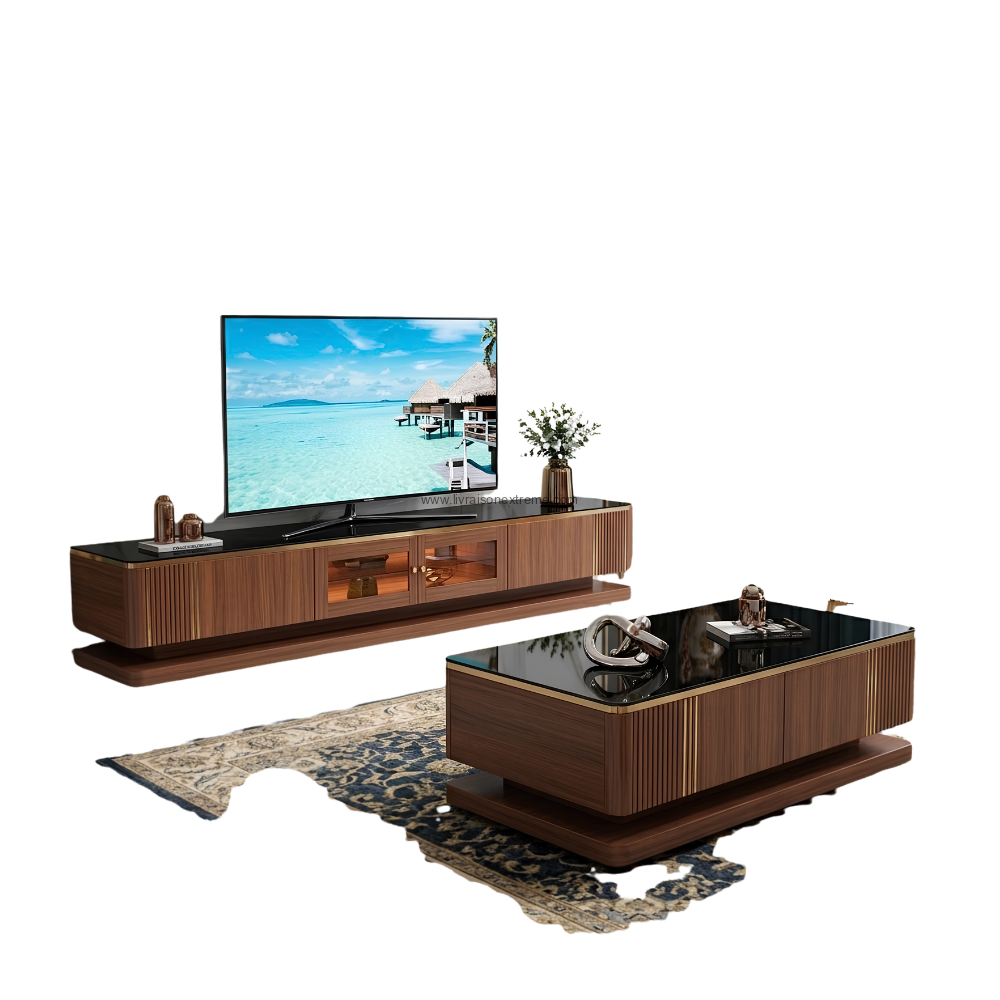 Ensemble meuble TV et table basse contemporain en bois sombre et verre noir