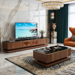 Ensemble meuble TV et table basse contemporain en bois sombre et verre noir